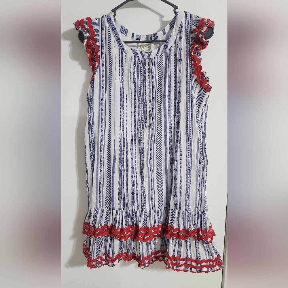 Sail to Sable Navy and White dress with Red Ric Rac Size L